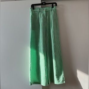 FRNCH Pleated Wide Leg Pants, Green and White Gingham, Size 6, Never Worn